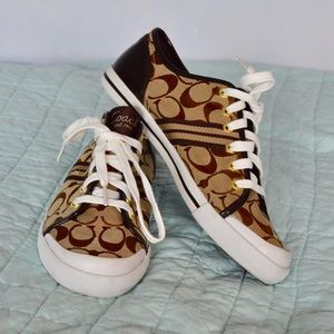 COACH print brown and tan lace up sneakers
